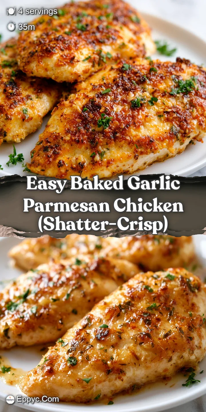 Extreme close-up of a bubbly, golden parmesan crust with visible toasted garlic bits and juicy, tender meat.