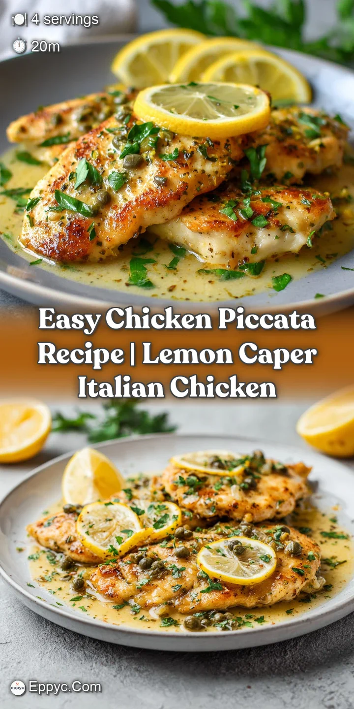 Close-up of juicy chicken piccata drenched in lemon-butter sauce, showcasing textures: crisp edges, plump capers, glisteni...