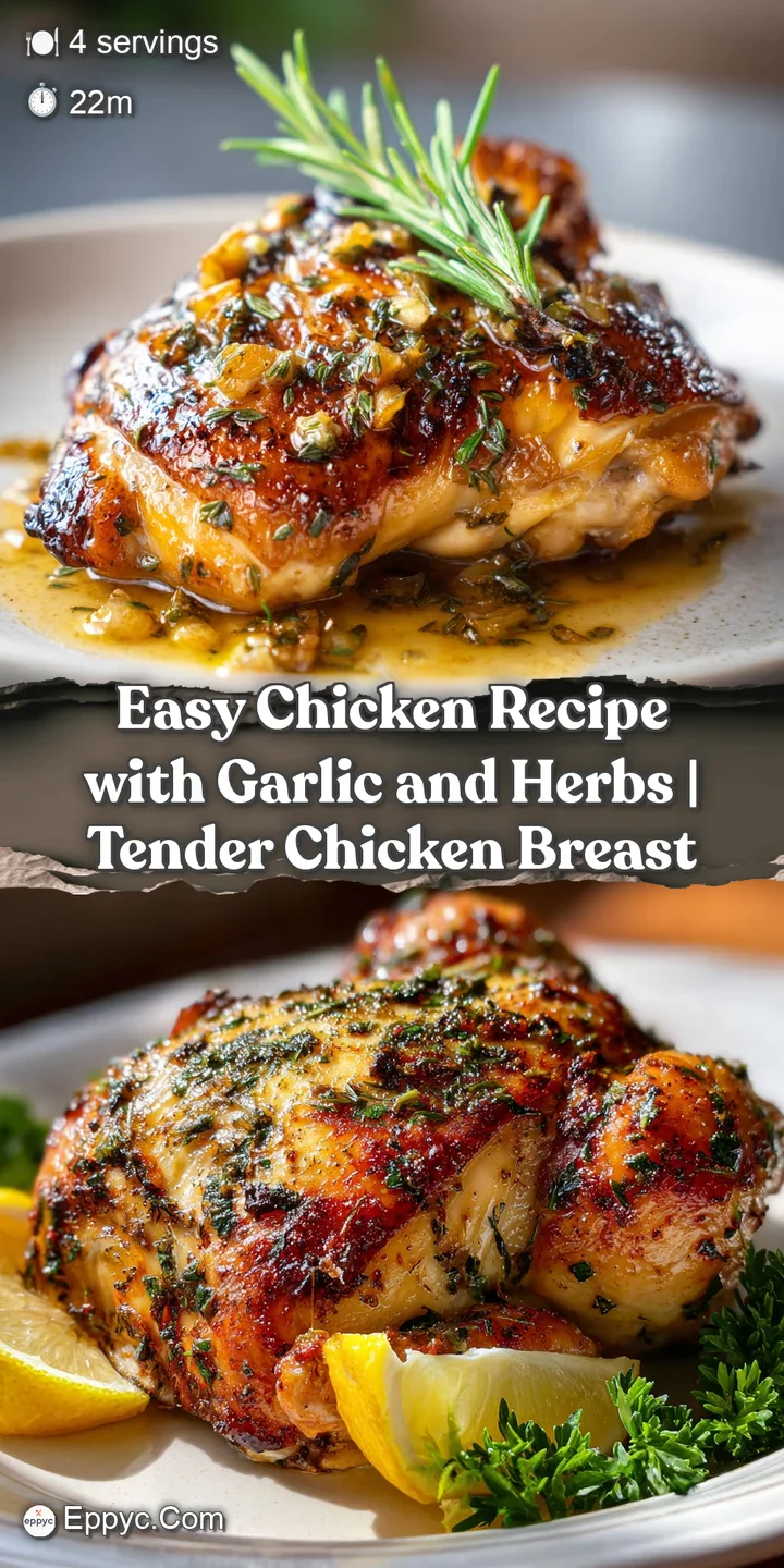 Close-up of juicy, herb-crusted chicken, glistening from savory sauce, plump roasted garlic cloves and scattered fresh her...