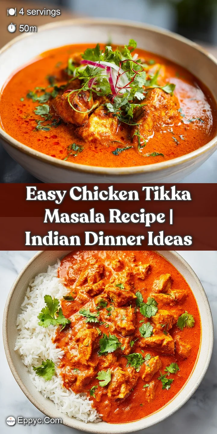 Close-up of Chicken Tikka Masala. Juicy chicken simmered in a lush, creamy tomato sauce with a vibrant spice blend.