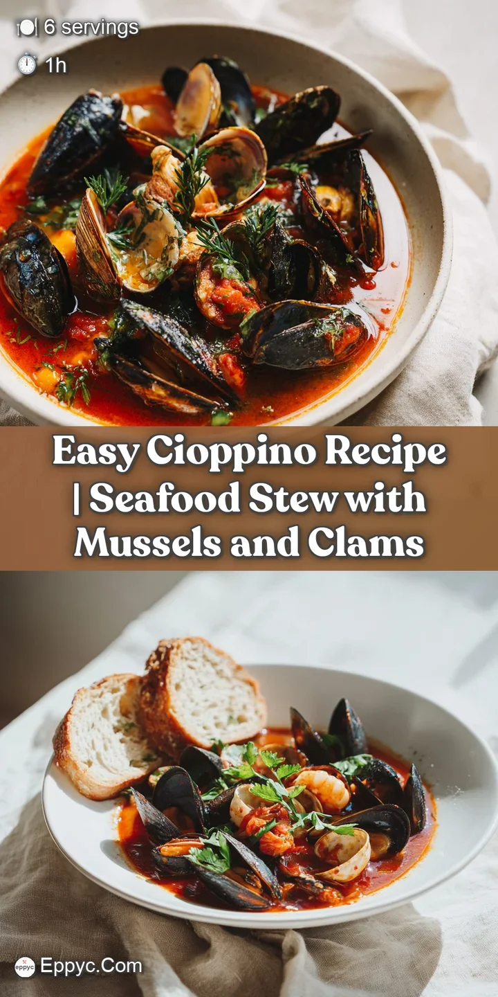 Close-up shot of plump mussels and tender shrimp swimming in a luscious, savory cioppino broth. Hints of herbs and spices ...