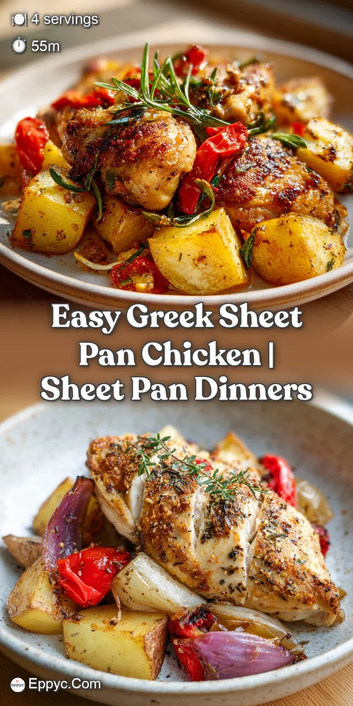 Close-up shows juicy chicken and browned potato edges, glistening with olive oil, lemon juice, and spices.