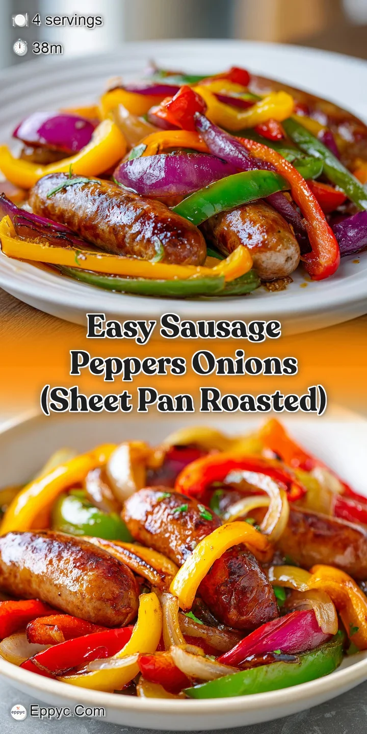 Close-up of juicy, seared sausage links and caramelized colorful peppers glistening under a warm light.