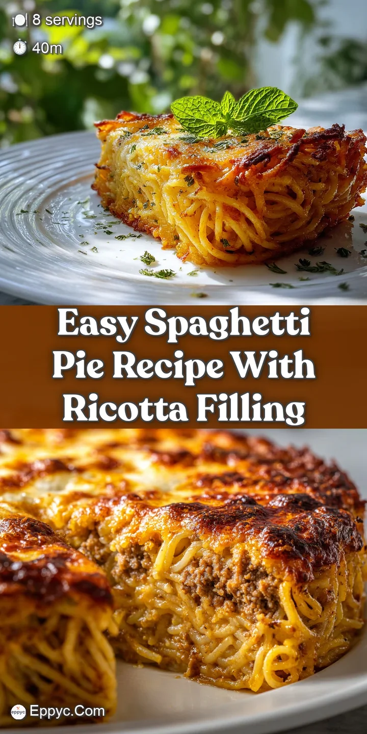 Close-up of spaghetti pie: bubbly melted cheese with browned pasta strands peeking through, hinting at savory flavors unde...