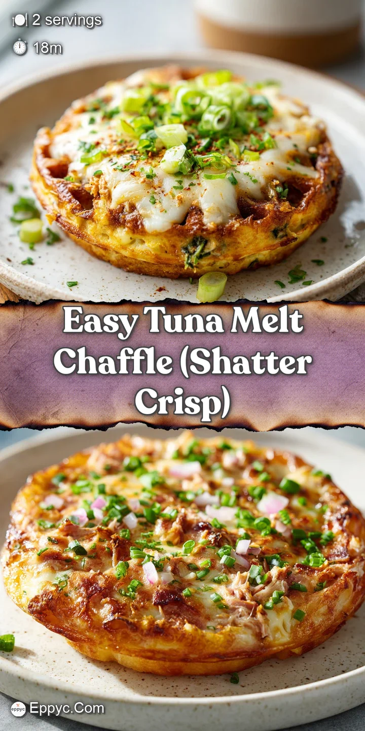 Close-up shows bubbly, browned cheese melting over a creamy tuna salad on a crispy, waffle-textured chaffle. Toasted edges.