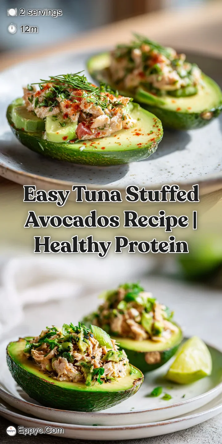 Close-up shot showcasing the creamy texture of the tuna salad nestled in a ripe avocado half. Herbs provide delightful col...