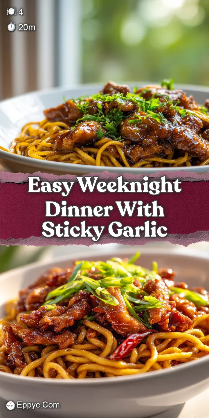 Close-up image of savory garlic noodles, glistening with sauce. Hints of chili flakes and fresh herbs add to its tempting ...