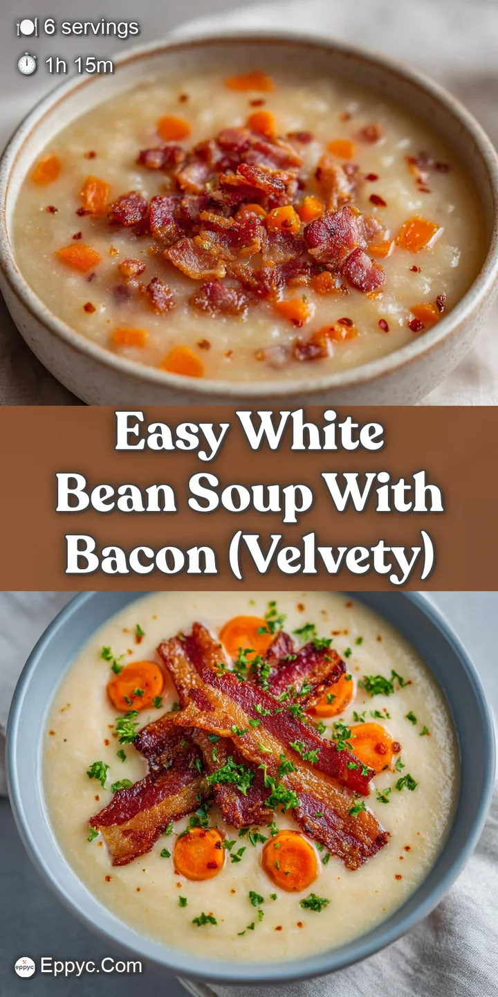 Close-up of a smooth, creamy white puree topped with glistening salty bacon crumbles and a swirl of gold oil.