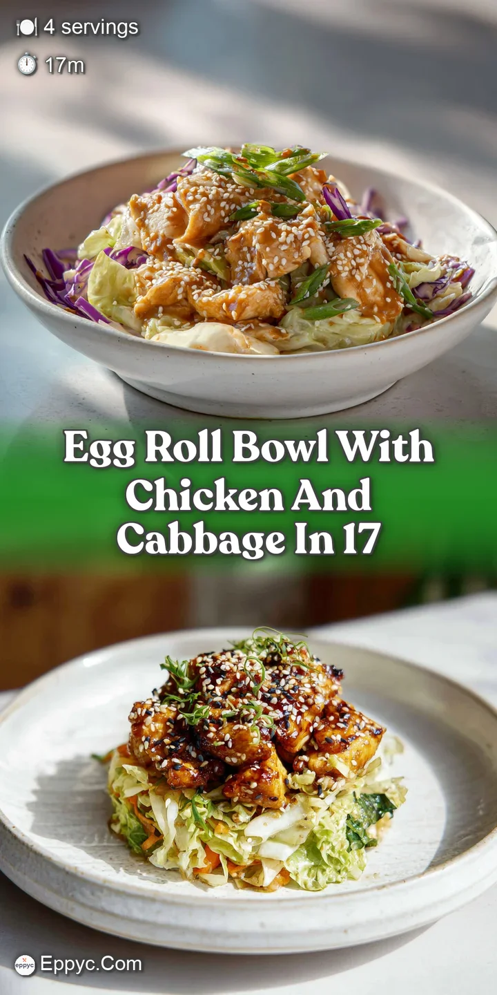 Steaming, savory bowl of seasoned ground chicken and crisp cabbage, tossed in a rich sauce with flecks of vibrant herbs an...