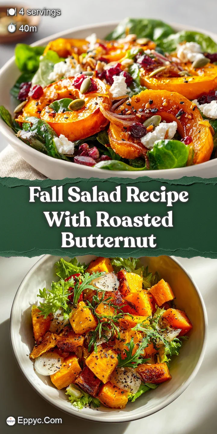 Close-up of a colorful fall salad. Orange butternut squash, plump cranberries, and crisp pecans glisten with light dressing.