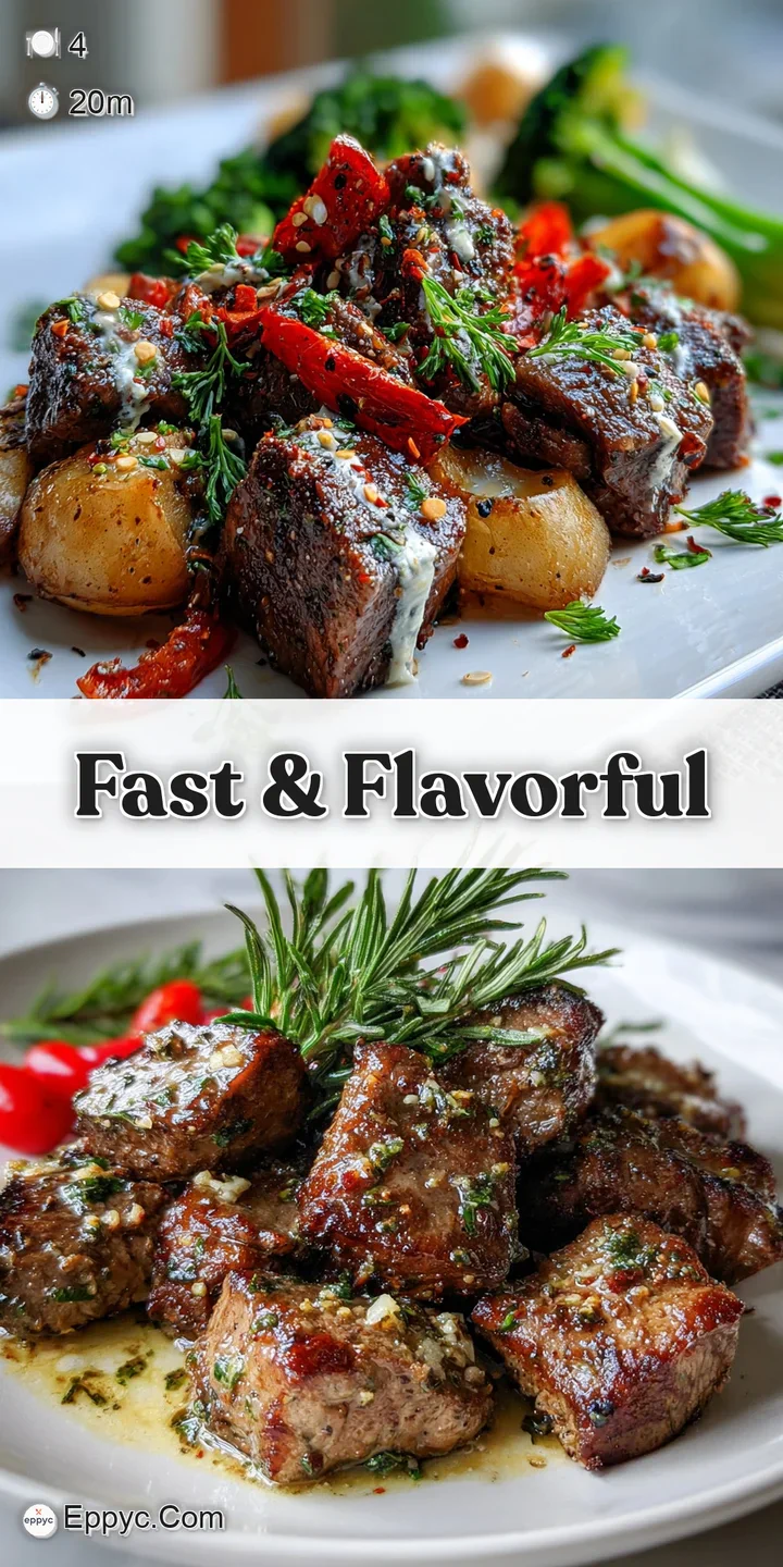 Close-up of glistening garlic butter melting over a tender steak, showcasing the sear and savory herbs sprinkled on top. M...