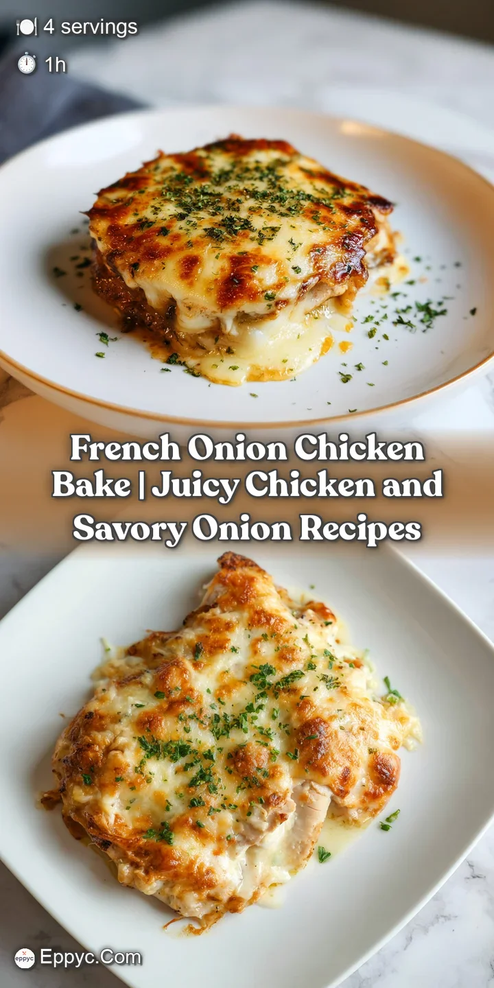 A rich, golden-brown crust of melted cheese blankets tender chicken and sweet, glistening caramelized onions.