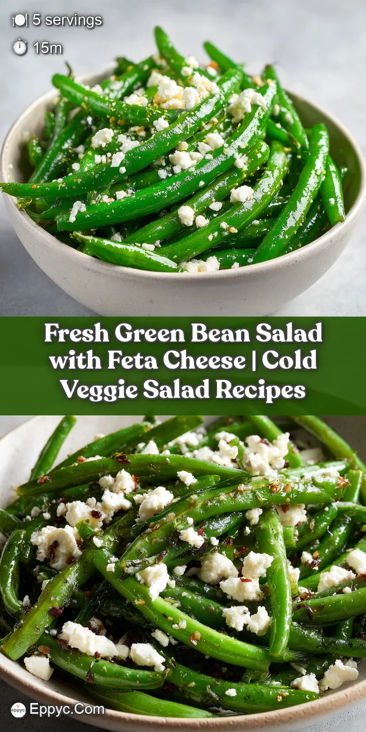 Close-up of tender green beans glistening with a light dressing, studded with salty feta crumbles.