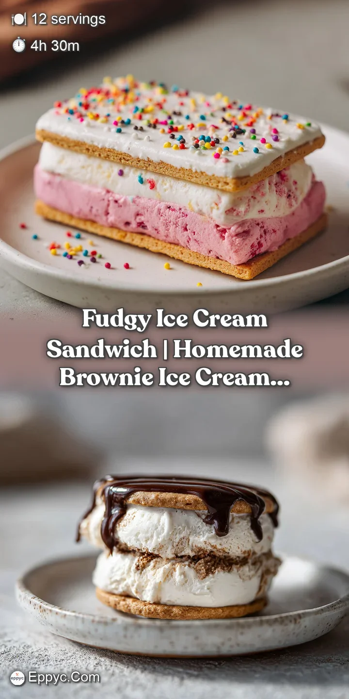 Close-up of an ice cream sandwich revealing the creamy white filling contrasting against the rich, dark, fudgy chocolate c...