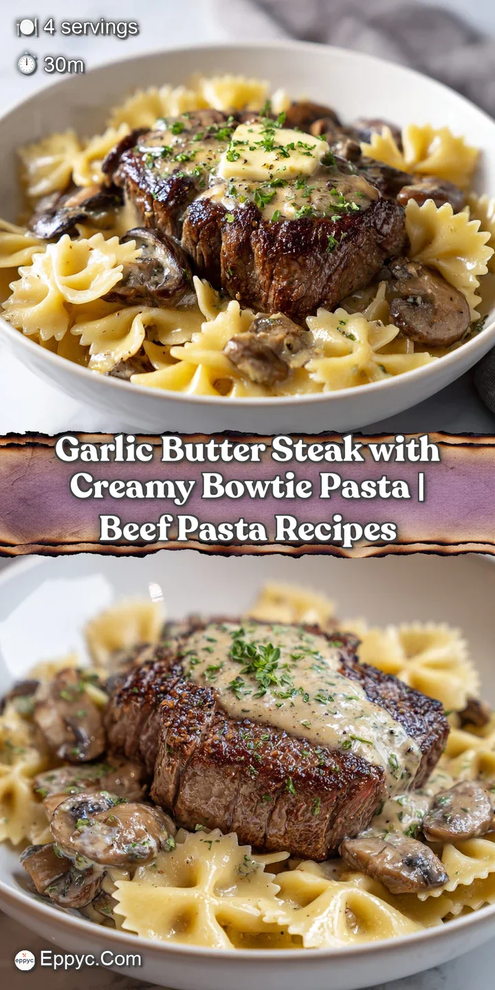 Juicy, pan-seared steak with a rich garlic butter glaze coating tender bowtie pasta.