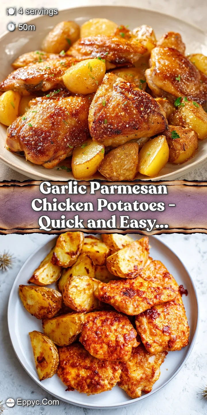 Close-up of juicy golden chicken and crisp potatoes coated in melted parmesan cheese and glistening garlic butter.