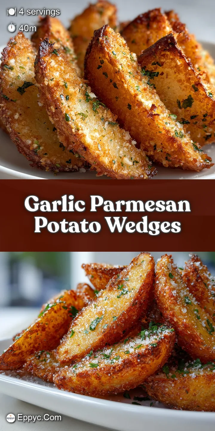 Close-up of a perfectly baked potato wedge, golden brown and glistening with oil, generously coated with parmesan and herb...