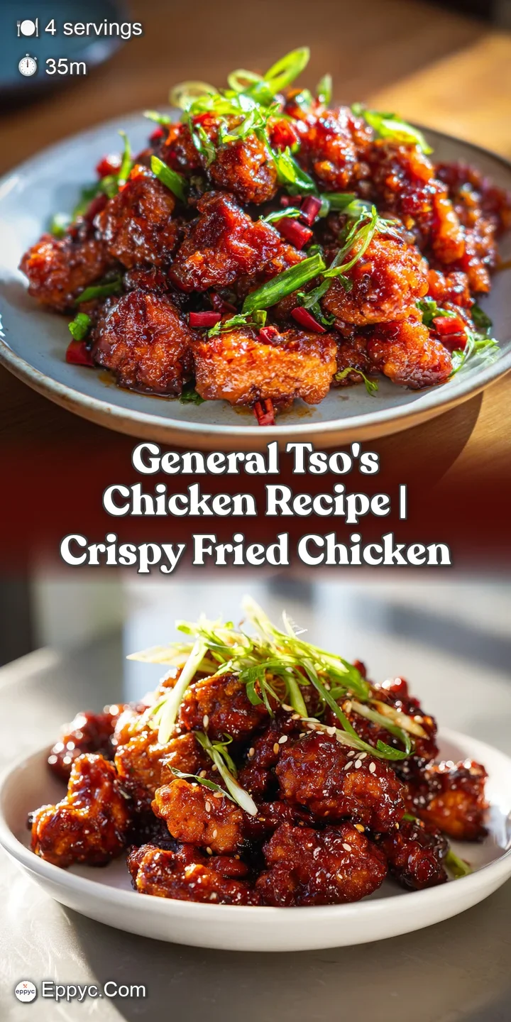 Close-up showcases crispy, dark-glazed chicken glistening in the light, hinting at a sweet, savory, and slightly spicy fla...