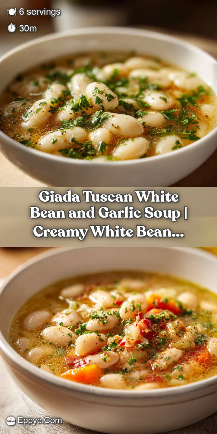 Close-up of tender white beans in a rich, garlicky broth with flecks of red pepper.