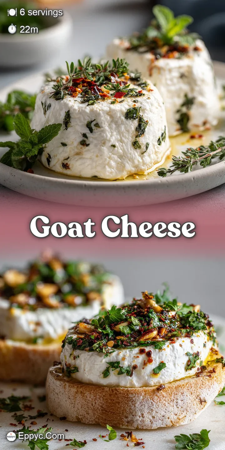 Close-up of soft, white goat cheese, glistening with oil, with green herbs and garlic bits adding pops of color & texture....