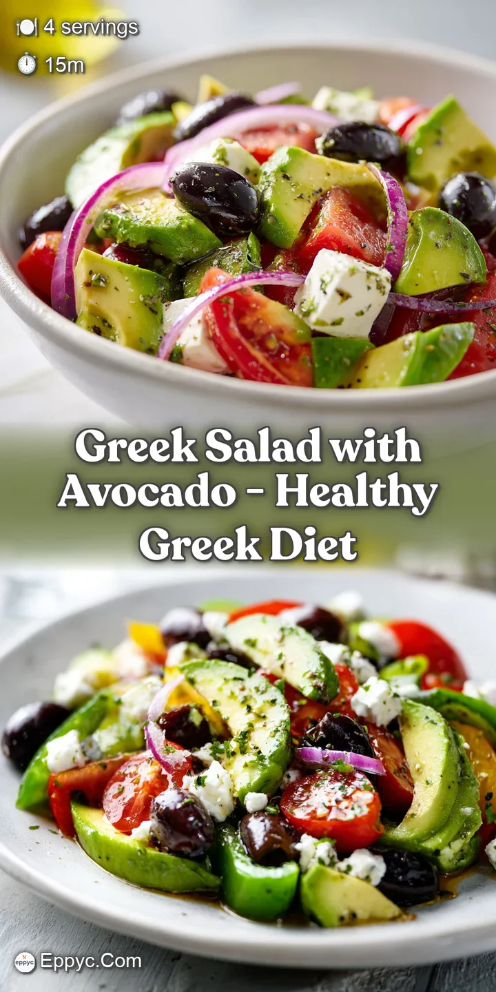 Close-up of a refreshing Greek salad. Creamy avocado contrasts with salty feta and juicy tomatoes, promising a burst of fl...