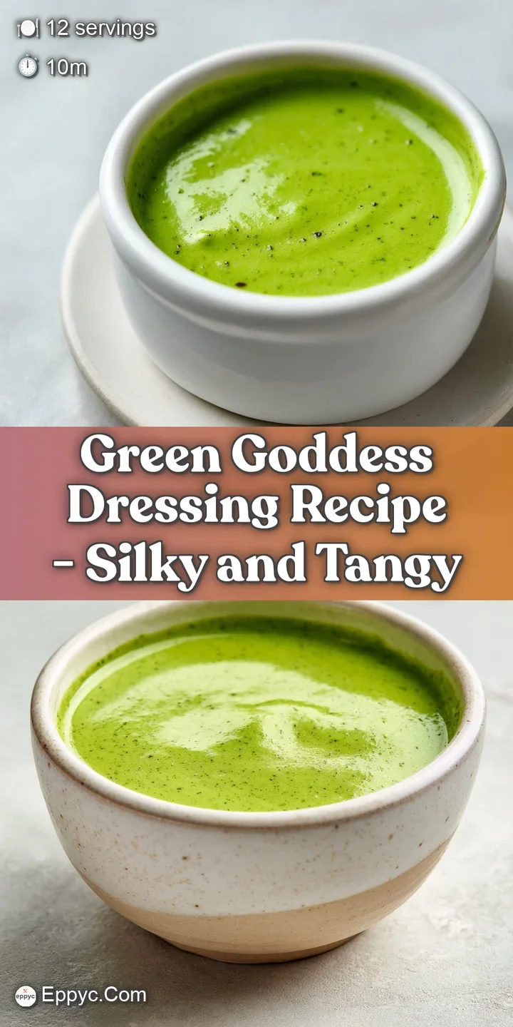 Close-up of creamy, pale green Green Goddess dressing, showcasing visible herbs and a smooth, luscious texture. Fresh, bri...