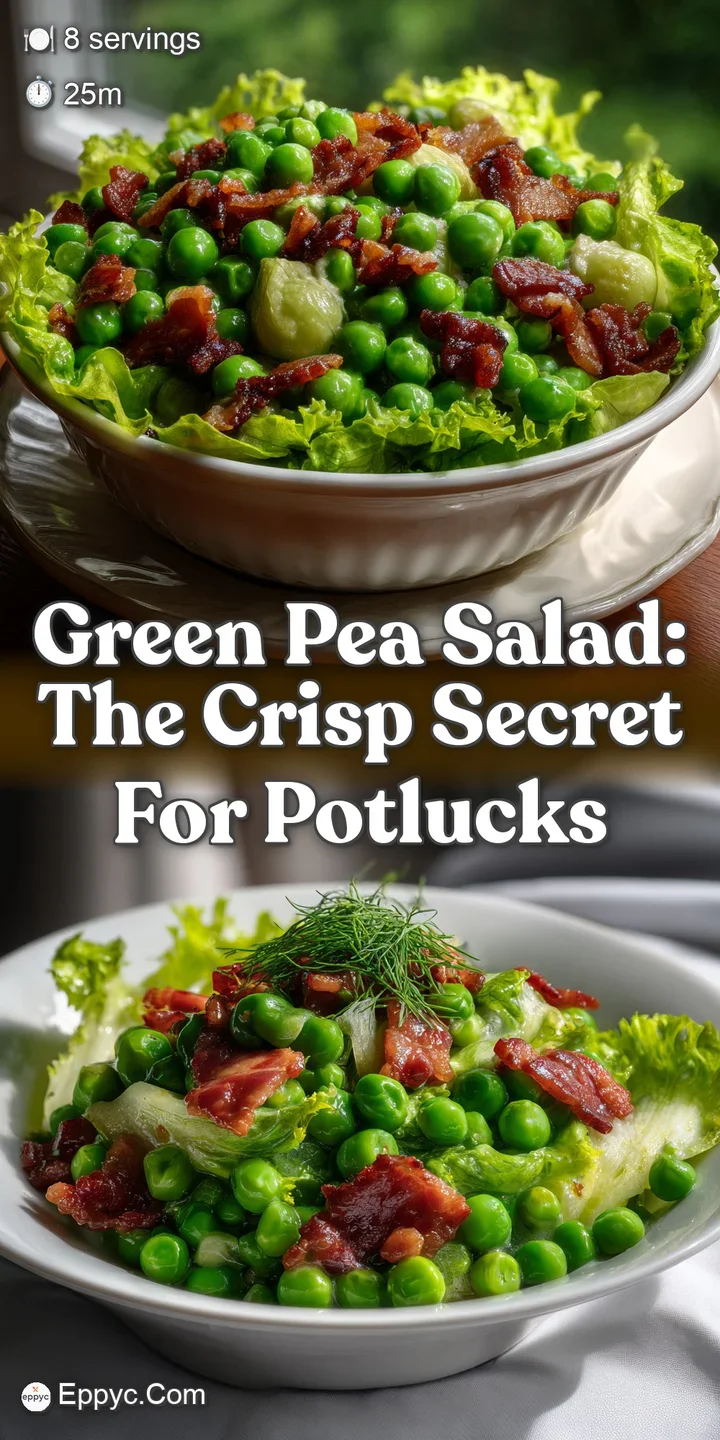 Close-up of chilled green pea salad, showing the fresh peas, creamy dressing, and crispy bacon. A tasty side dish.