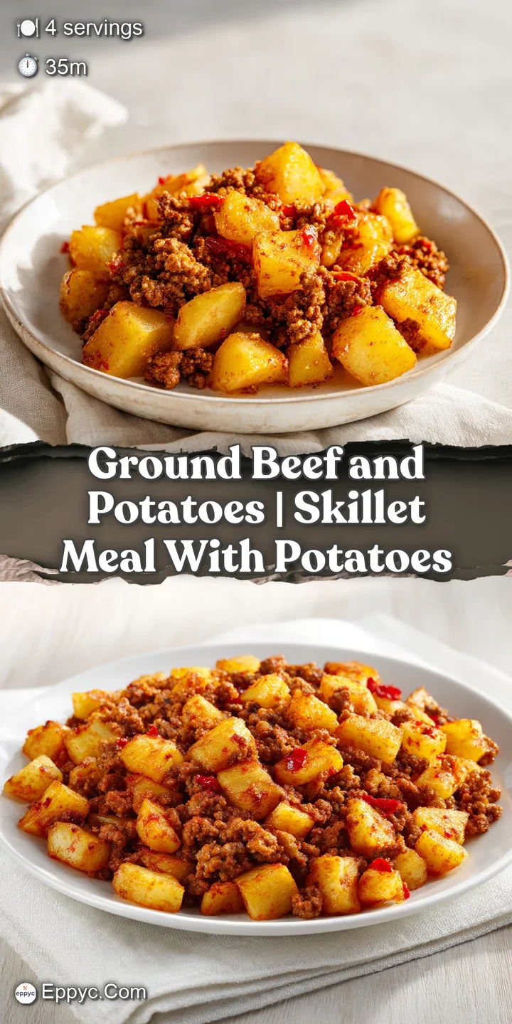 Close-up of juicy browned beef crumbles and crisp golden potatoes glistening with a rich, savory brown glaze.