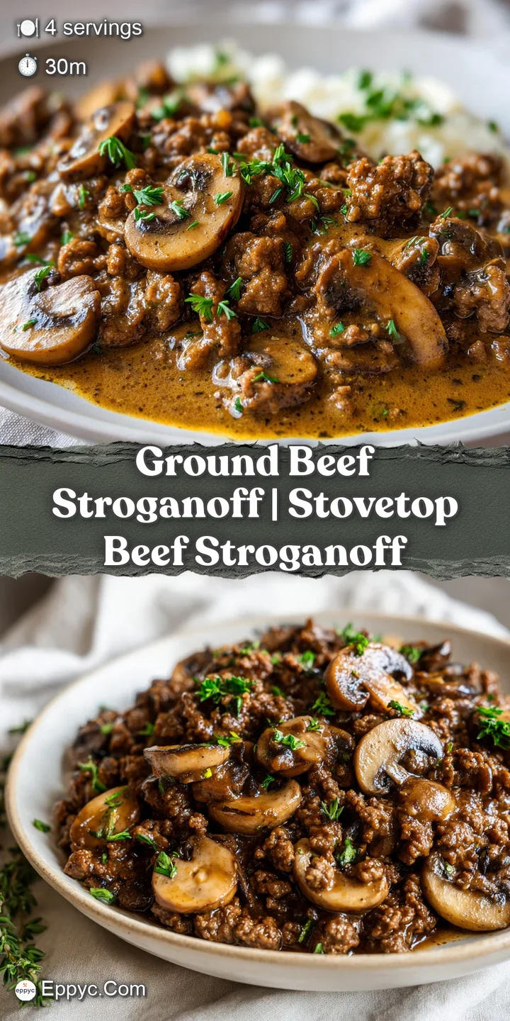 Close-up of savory browned beef in a thick, glossy cream sauce with earthy mushrooms and soft, wide noodles.