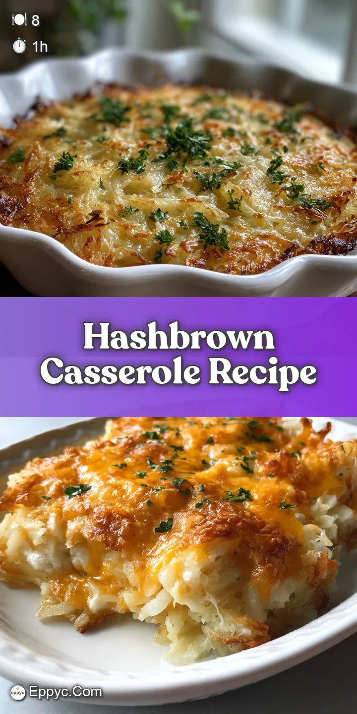 Close-up shows the rich, creamy texture of golden-brown hashbrown casserole, with melted cheese forming a soft, appetizing...