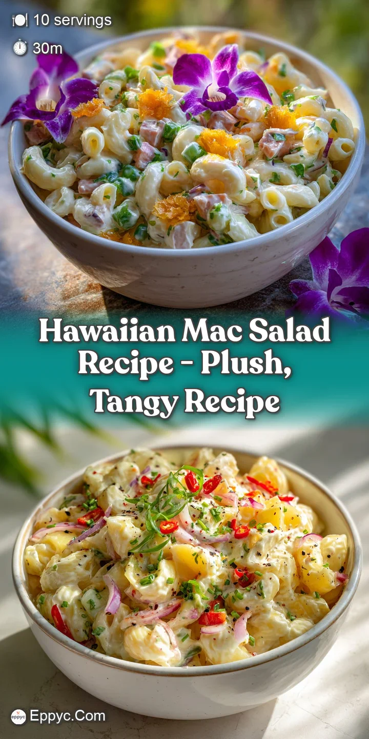 Close-up of luscious Hawaiian mac salad with visible mayonnaise sheen, highlighting the tender pasta and diced vegetables ...