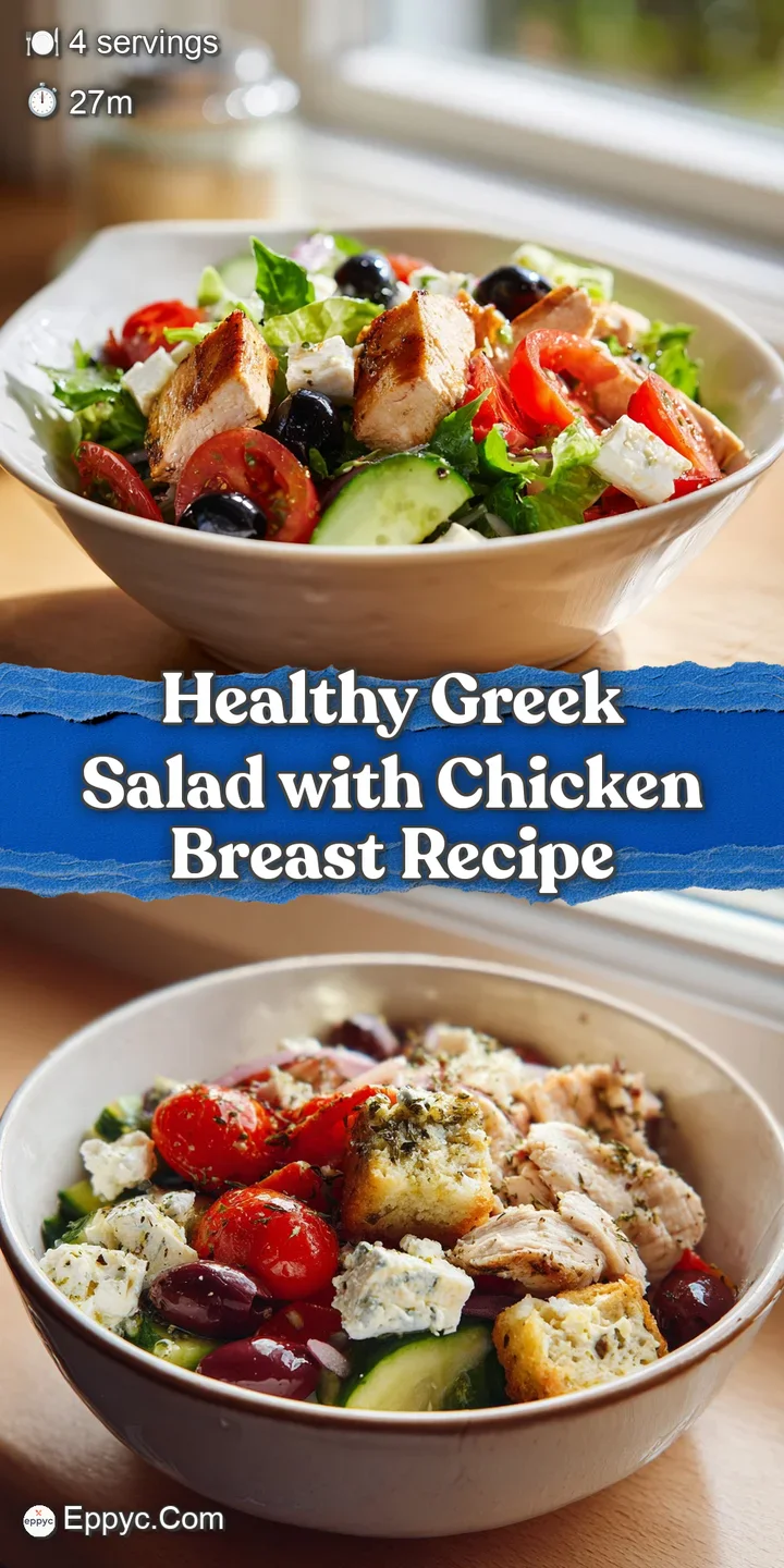 Close-up of a juicy piece of grilled chicken nestled in a Greek salad, showcasing the vibrant colors and textures of the f...