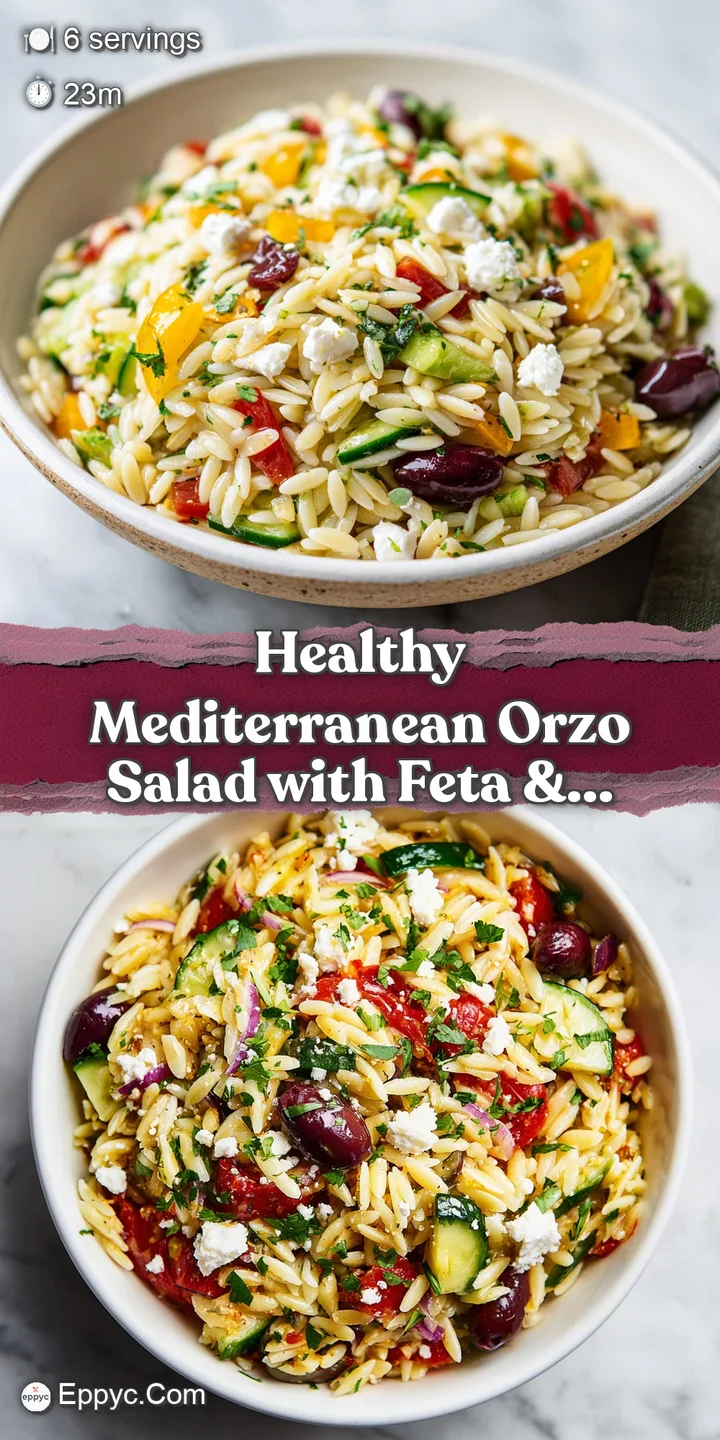 Close-up view of glistening orzo pasta salad with bursts of red tomato, black olives, creamy feta, and vibrant green herbs...