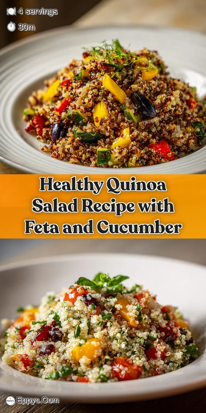Close-up of fluffy quinoa mixed with diced bell peppers, cucumber, and herbs. A bright, appetizing salad with a light, fre...