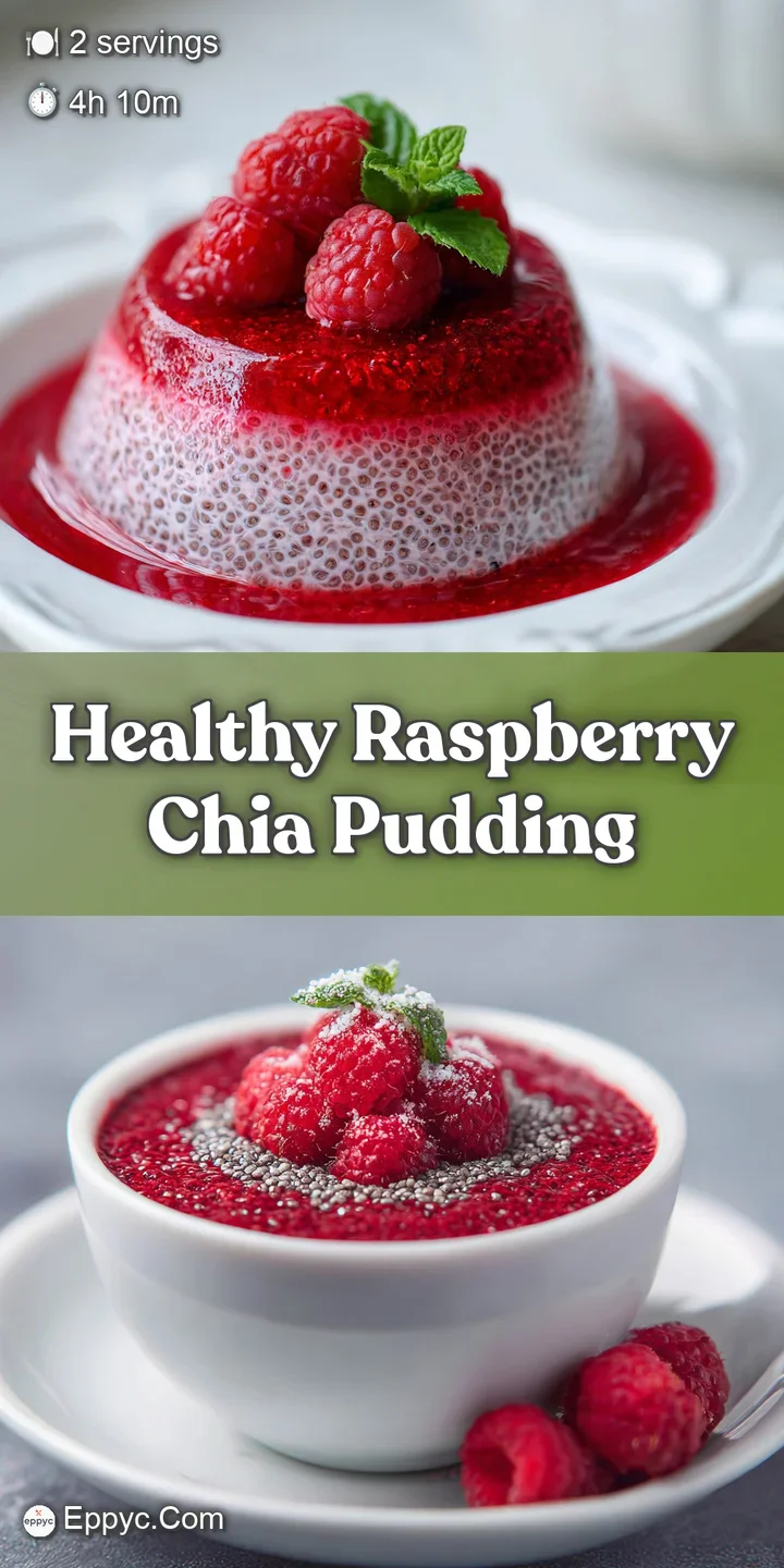 Close-up of a creamy raspberry chia pudding swirled with bright red raspberry sauce, showcasing texture and vibrant color.