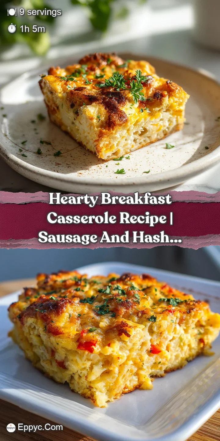 Close-up of a breakfast casserole: layers of fluffy egg, savory sausage, melted cheese, and golden-brown bread, steaming hot.