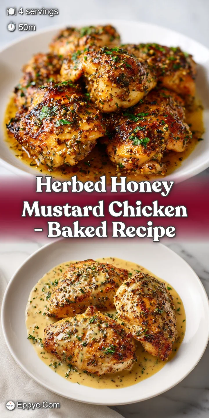 Close-up: Juicy chicken glistening with a honey mustard glaze, flecked with herbs. Visually appetizing and bursting with s...