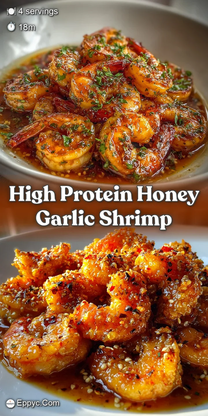 Close-up of plump, glistening shrimp coated in a rich honey-garlic sauce, showcasing its savory glaze and fresh scallions.