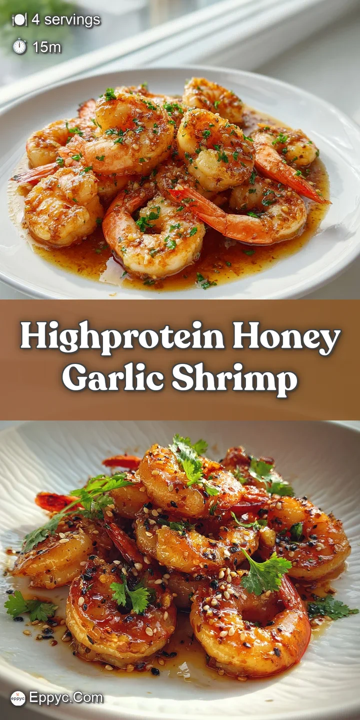 Close-up: Plump, juicy shrimp drenched in a sticky, amber-colored honey-garlic glaze, catching the light with vibrant gree...