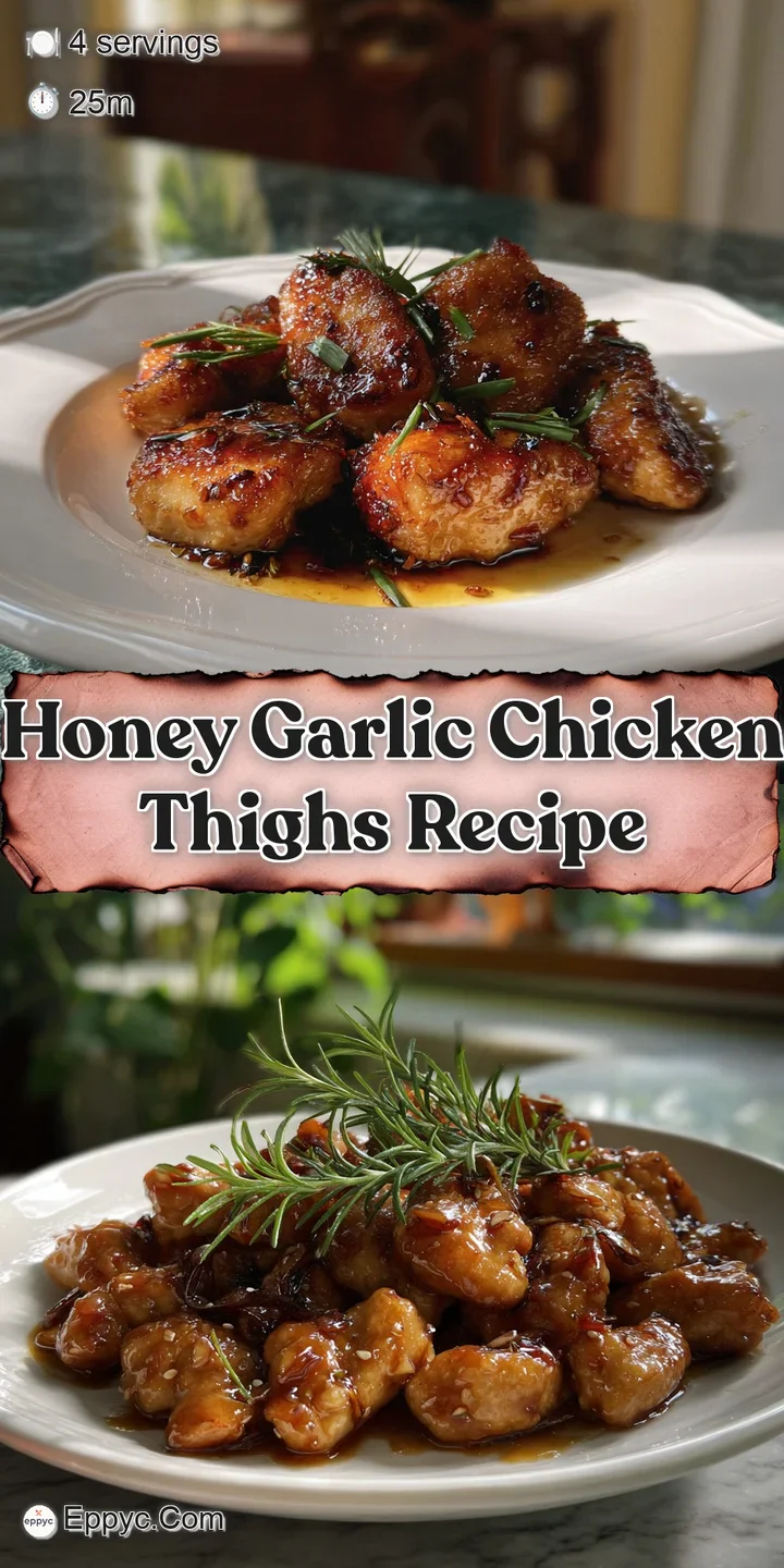 Close-up of a honey garlic chicken thigh revealing crispy, caramelized edges and juicy meat with flecks of fresh herbs and...