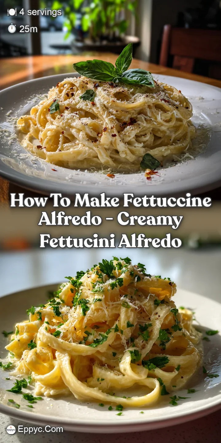 Close-up view of the creamy fettuccine Alfredo. The thick, glossy sauce coats the pasta with visible flecks of herbs and c...