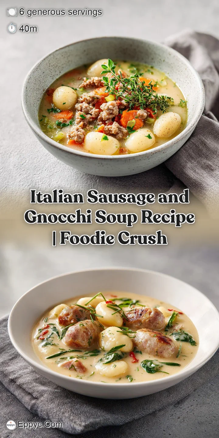 Close-up of plump, chewy gnocchi and savory sausage pieces in a warm, inviting broth.