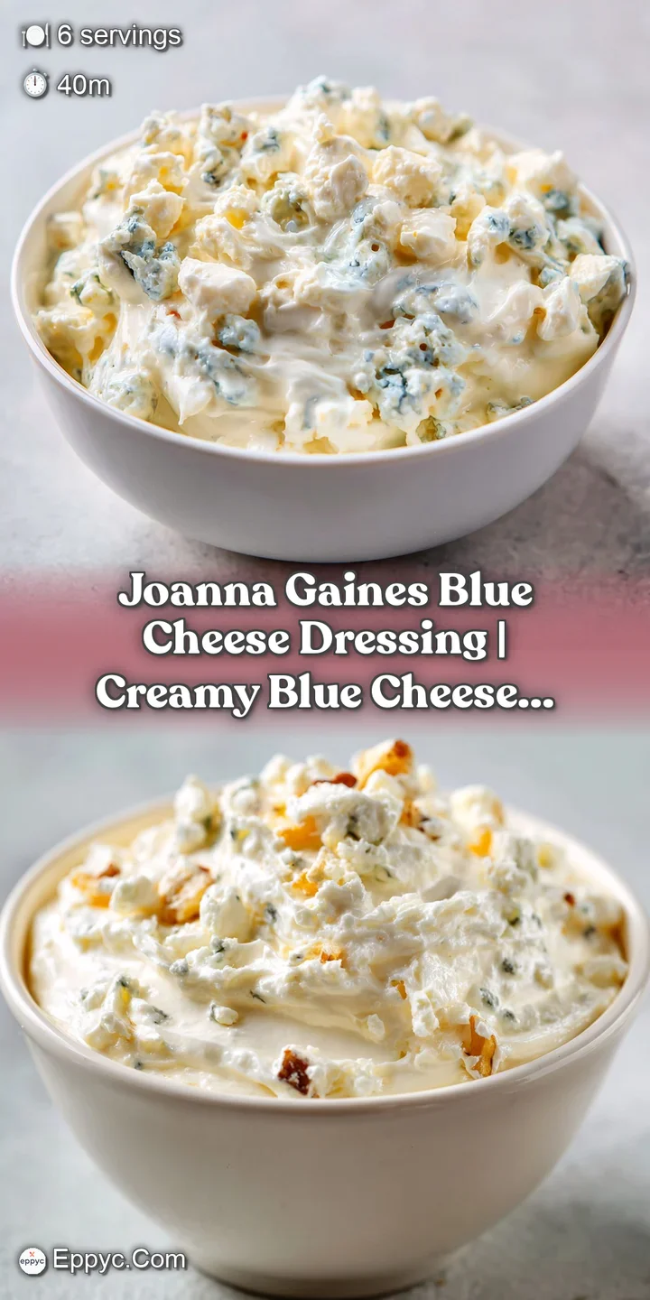 A close-up of a silver spoon lifting creamy white dressing with visible blue cheese chunks and a glossy finish.