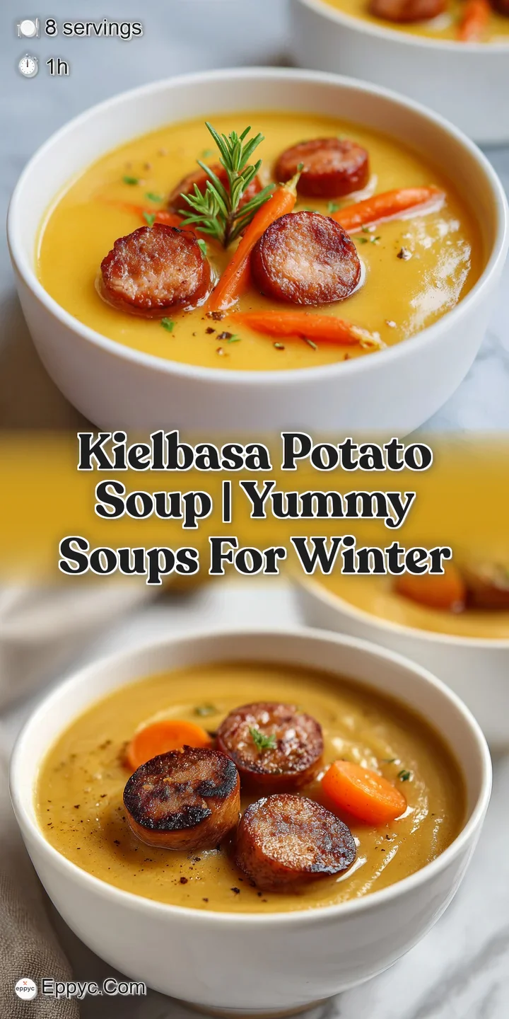 Close-up of steaming creamy broth with golden-brown sausage slices and soft, chunky potatoes and fresh herbs.