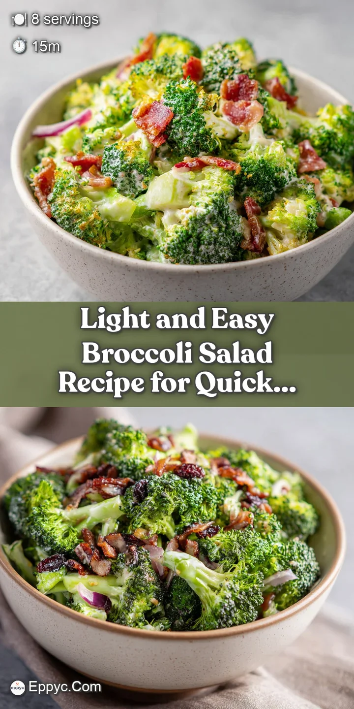 Close-up: Broccoli florets coated in a rich, creamy dressing with pops of red onion and smoky bacon crumbles visible.