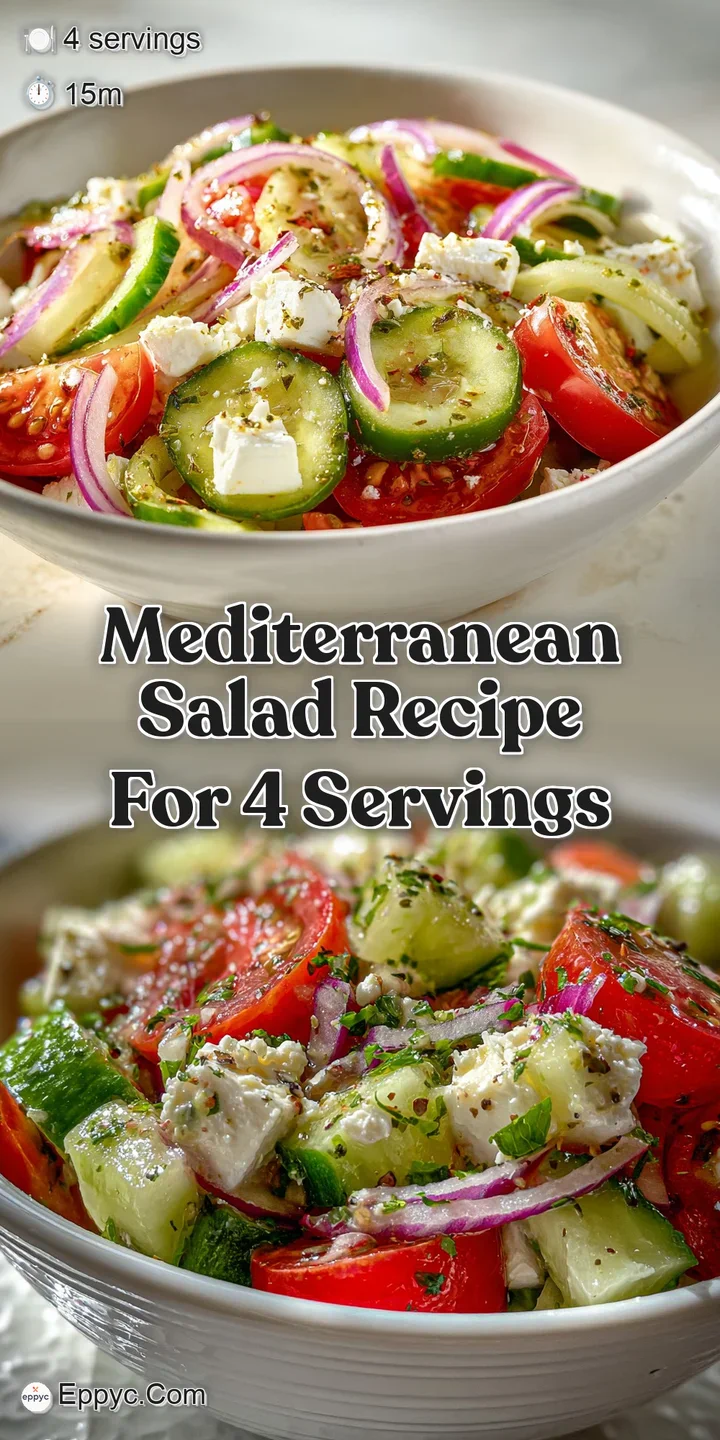 Close-up of a Mediterranean salad showing juicy tomatoes, salty feta, and vibrant herbs. The glistening dressing hints at ...