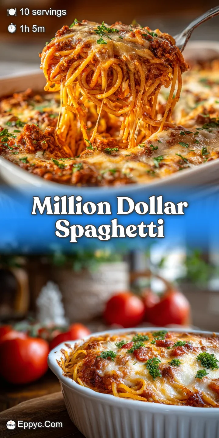 Close-up of cheesy baked spaghetti, bubbling and browned to perfection. Rich tomato sauce adds a pop of vibrant color.