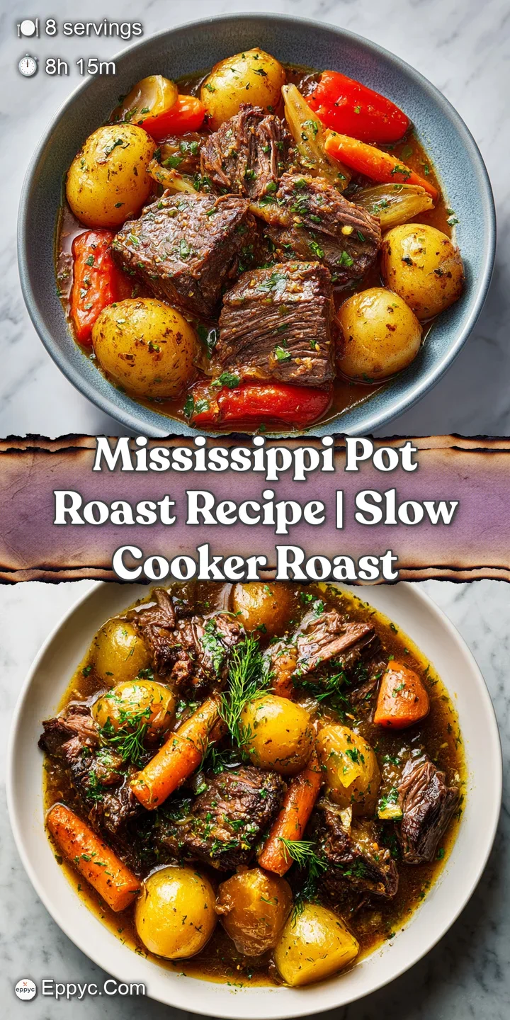 Close-up of shredded pot roast, glistening with savory juices. Browned beef and pepper bits are visible.