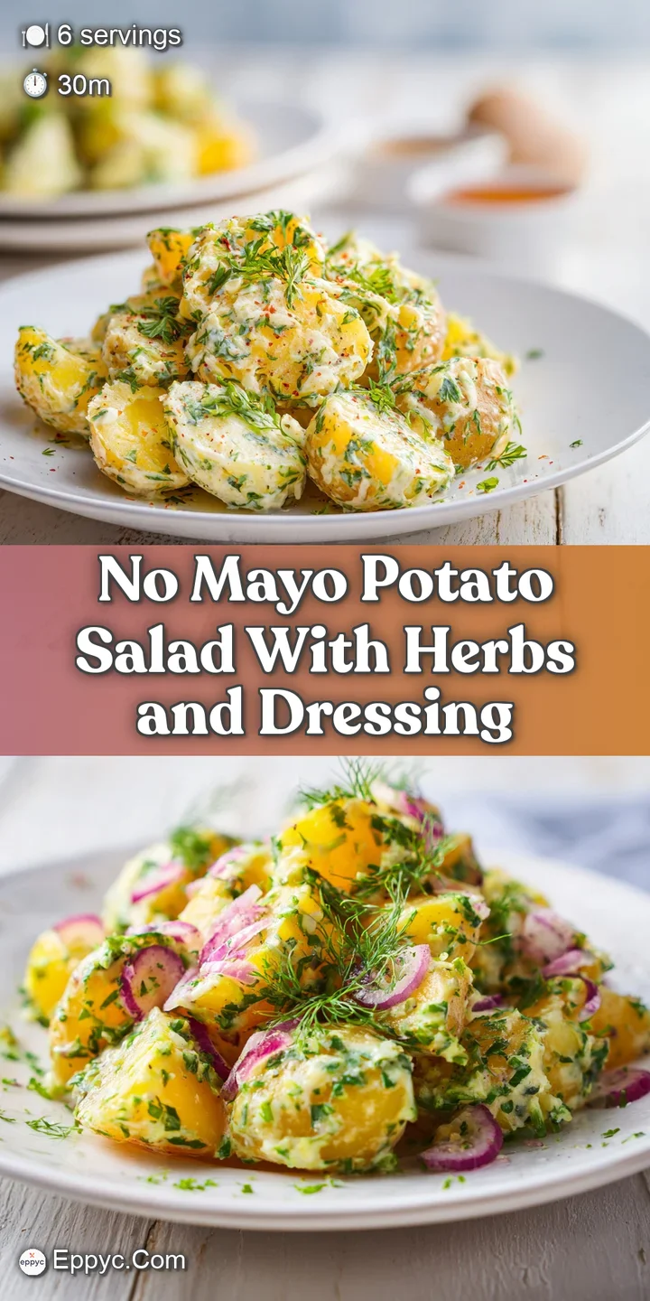 Up-close view of potato salad with creamy, tangy dressing, showcasing the fresh herbs and vibrant vegetables mixed in.