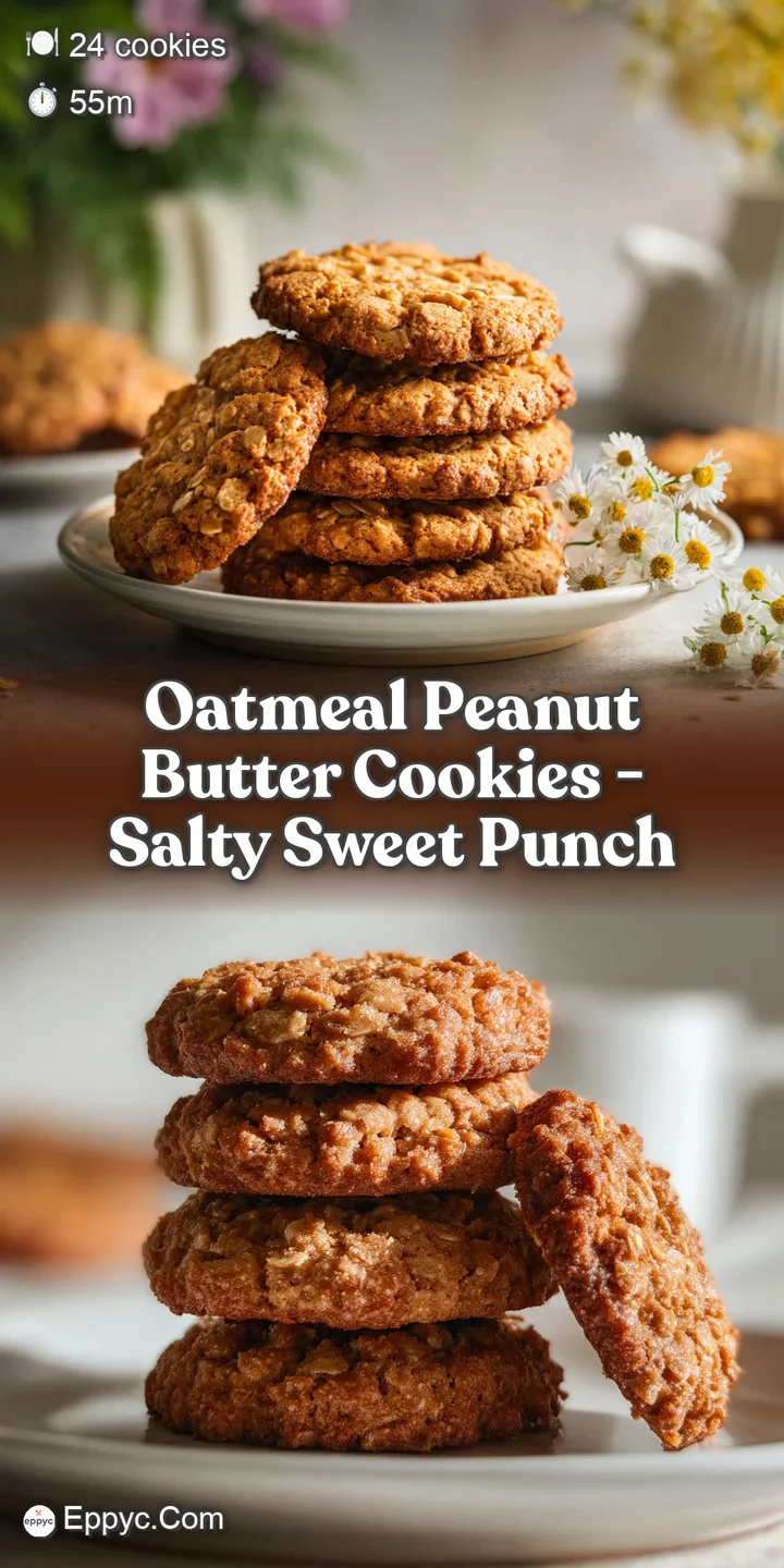 Close-up of a chewy oatmeal peanut butter cookie, showing the textured surface and glistening melted peanut butter pieces ...